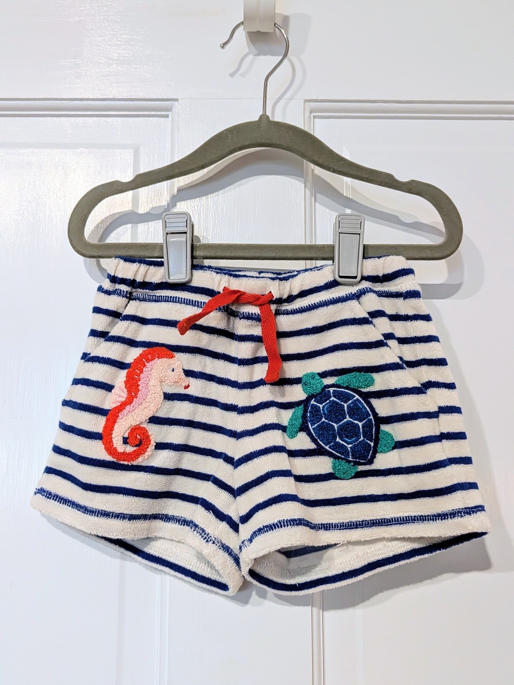Mini Boden Navy & White Stripe Terry Shorts with Seahorse and Turtle